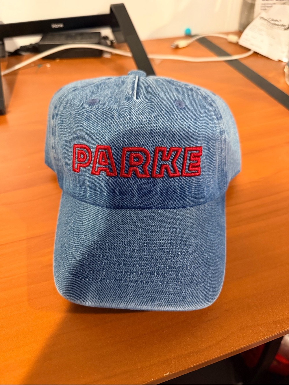 Denim Baseball Cap with Red Embroidered 'PARKE' Logo - Blue